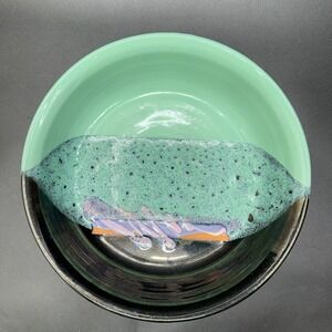Large Ceramic Serving Bowl Handmade Turquoise Abstract Studio Pottery Signed